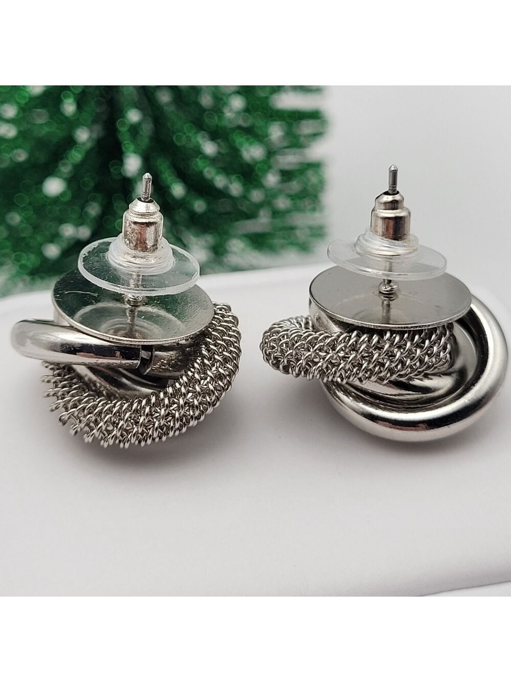 ✨2/$10✨ Twisted Silver Earrings Clear Crystal Round Oval Mesh - Picture 8 of 9
